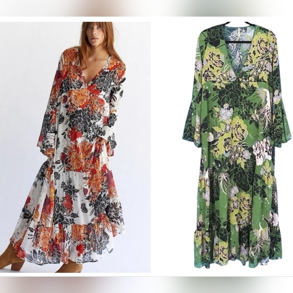 FREE PEOPLE Moroccan Roll Maxi Dress Bell Sleeves In Green Multi Floral. Size XS - Picture 1 of 16